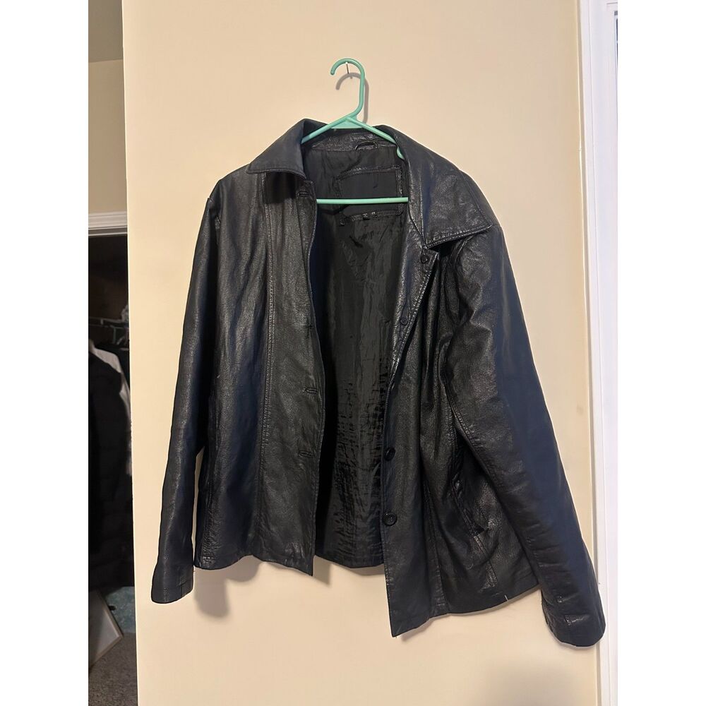 Vintage Serge Platini Genuine Leather Button Front Coat Jacket Black Women's 2X
